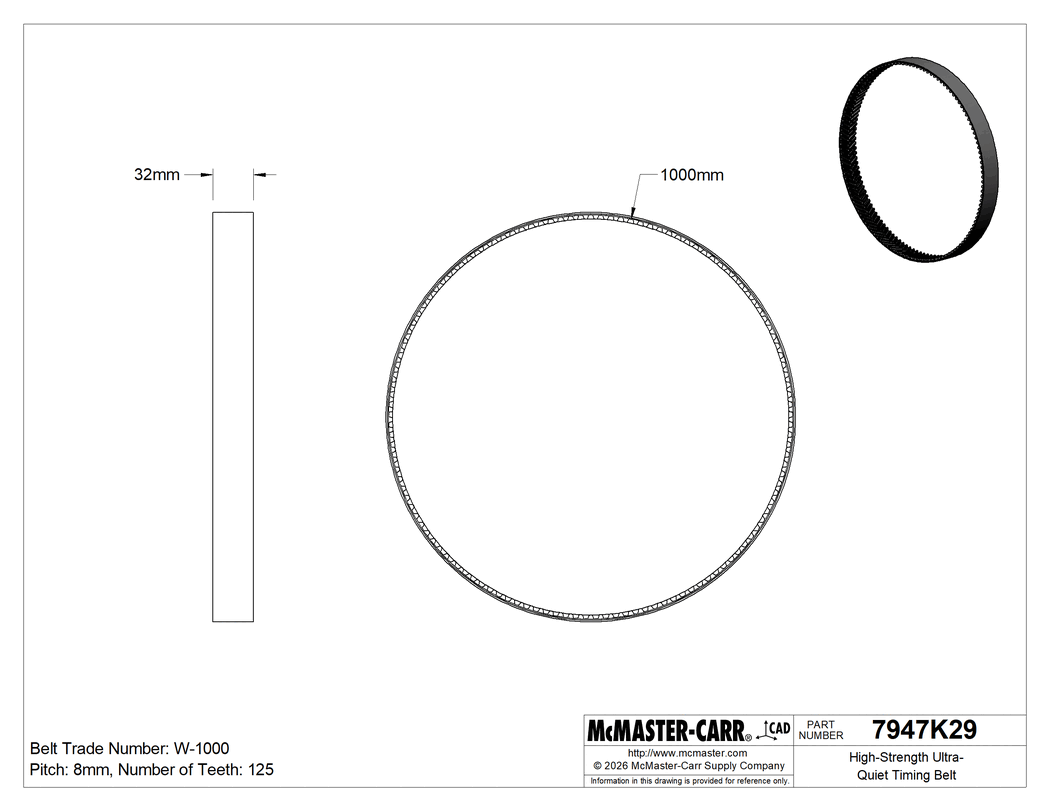 Technical Drawing of High-Strength Ultra-Quiet Timing Belt, Tire Track Teeth, 32 mm Wide, W-1000.